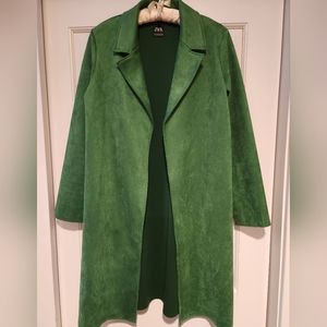 Zara Open Front Faux Suede Coat with Pockets, green, size small. Never worn.